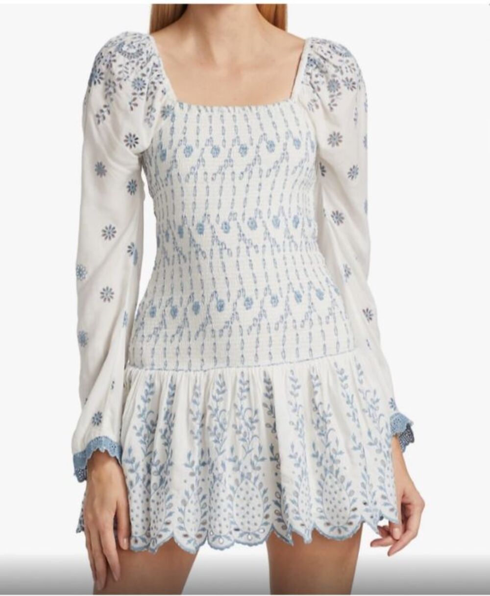 LoveShackFancyBlue White Embroidered Smocked Mini Dress Boho Cottagecore S